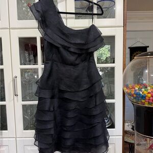 BCBGMaxAzria Black One-Shoulder Layered Silk Ruffle Dress